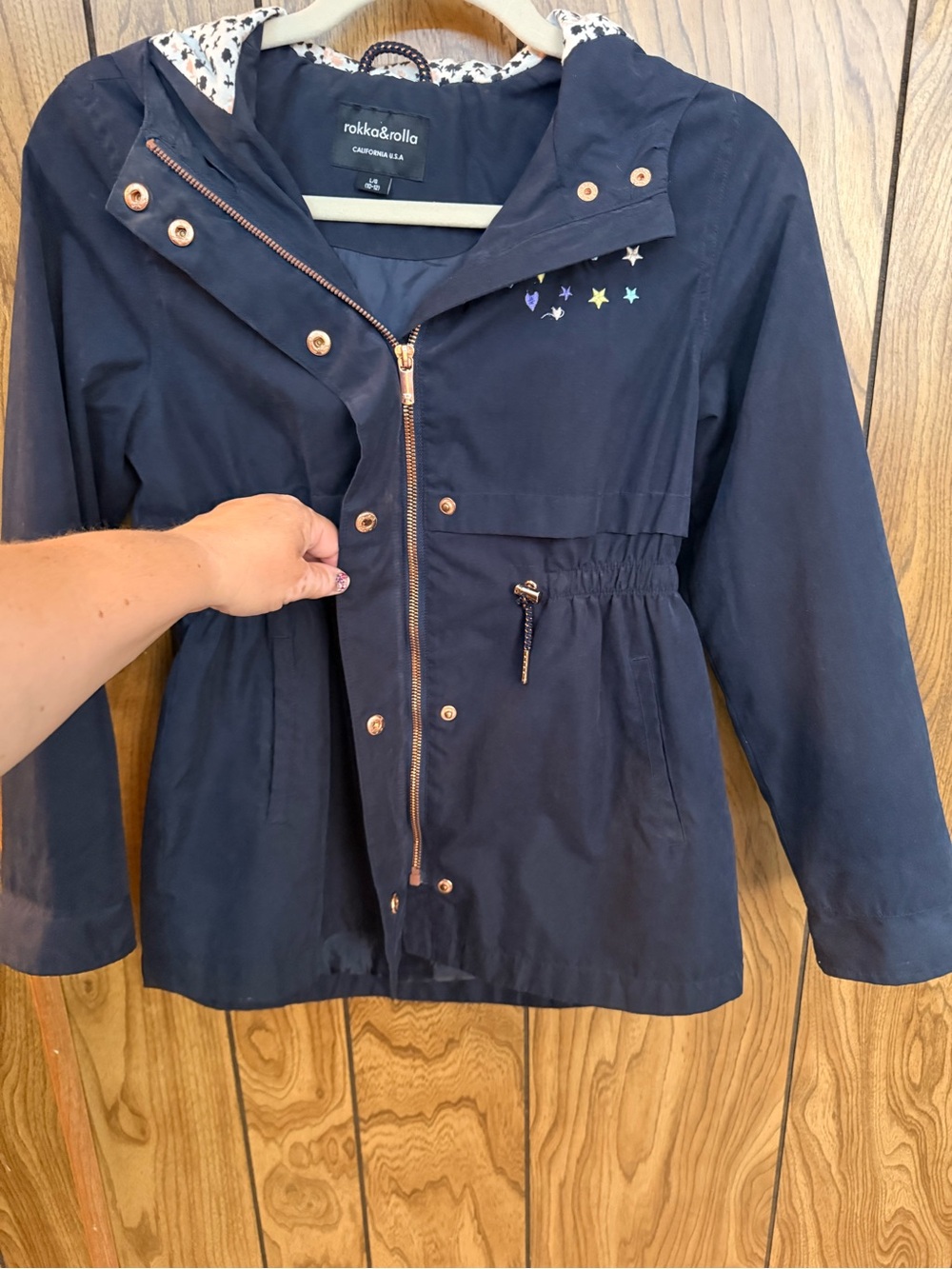 Rokka & Rolla Girls Size 10-12 Navy Hooded Rain Jacket Rainbow Stars Floral - Picture 3 of 11